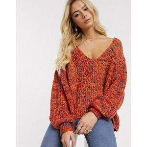 Free People Highland V-Neck Sweater S Orange/Red